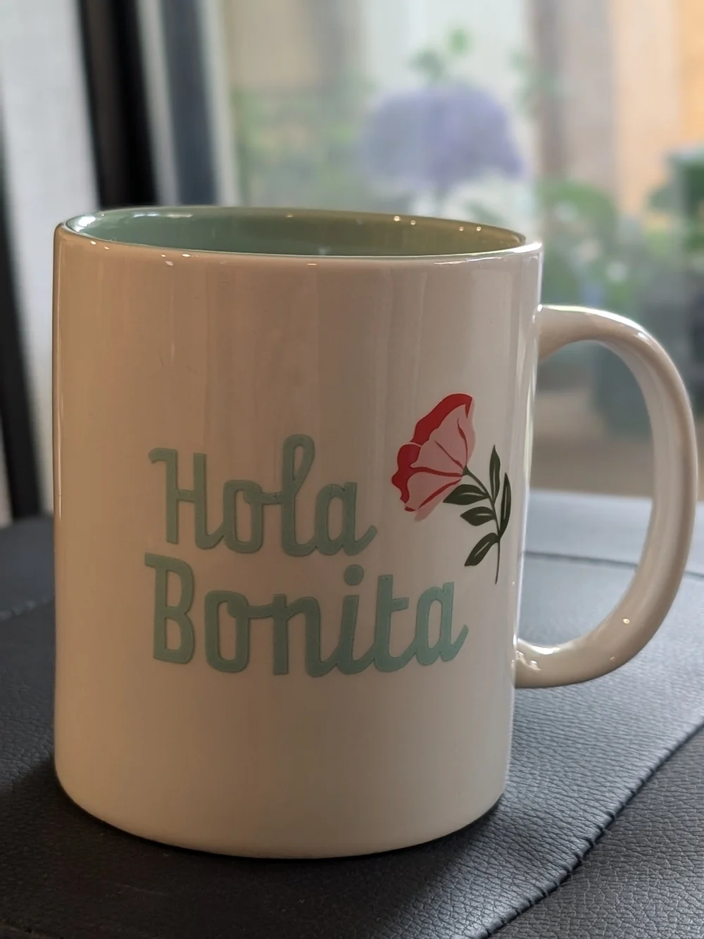 Target Hola Bonita Mug - White Exterior with Mint Interior and Red Floral Accent